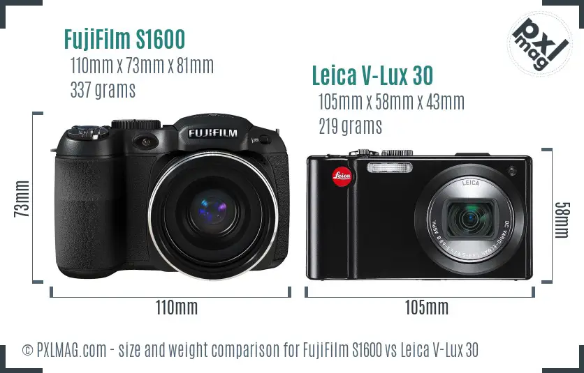 FujiFilm S1600 vs Leica V-Lux 30 size comparison