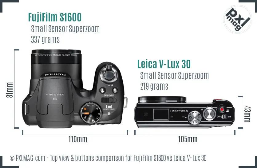 FujiFilm S1600 vs Leica V-Lux 30 top view buttons comparison