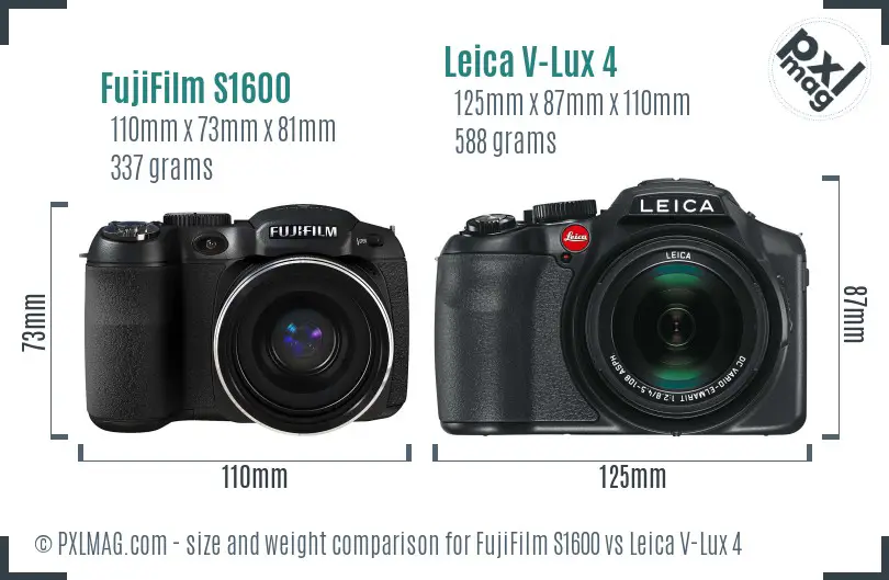 FujiFilm S1600 vs Leica V-Lux 4 size comparison