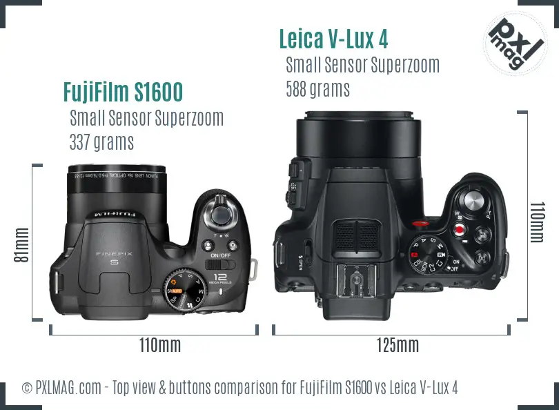 FujiFilm S1600 vs Leica V-Lux 4 top view buttons comparison