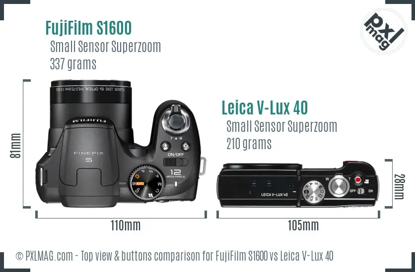 FujiFilm S1600 vs Leica V-Lux 40 top view buttons comparison