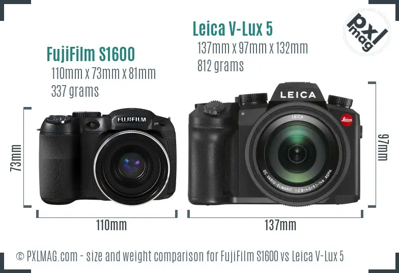 FujiFilm S1600 vs Leica V-Lux 5 size comparison