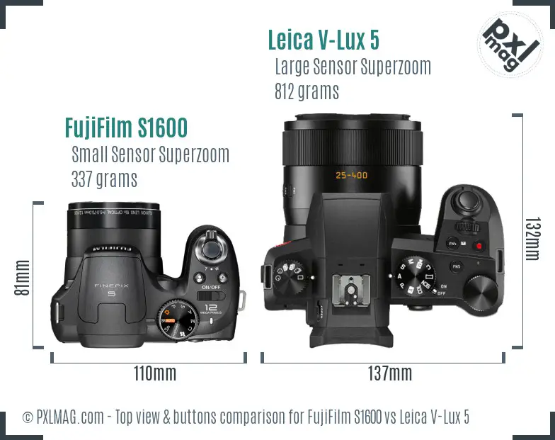 FujiFilm S1600 vs Leica V-Lux 5 top view buttons comparison