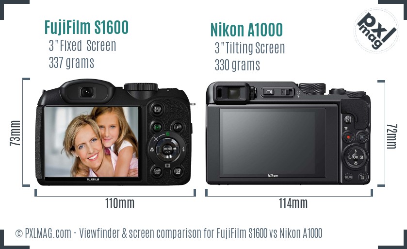 FujiFilm S1600 vs Nikon A1000 Screen and Viewfinder comparison