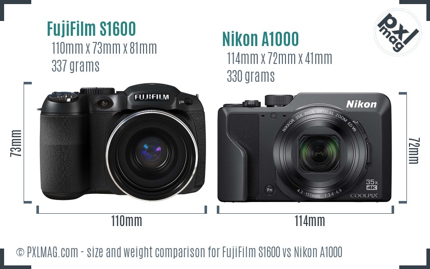 FujiFilm S1600 vs Nikon A1000 size comparison