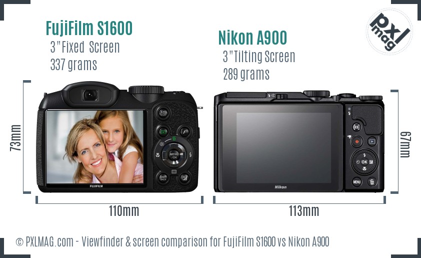 FujiFilm S1600 vs Nikon A900 Screen and Viewfinder comparison
