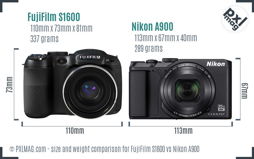 FujiFilm S1600 vs Nikon A900 size comparison