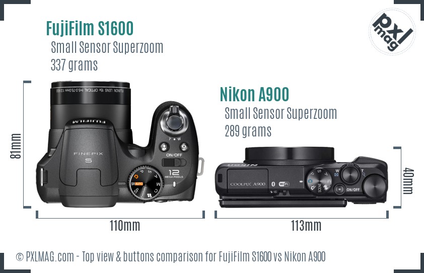 FujiFilm S1600 vs Nikon A900 top view buttons comparison