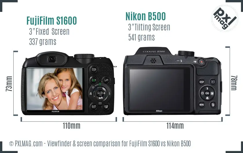 FujiFilm S1600 vs Nikon B500 Screen and Viewfinder comparison