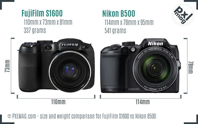 FujiFilm S1600 vs Nikon B500 size comparison