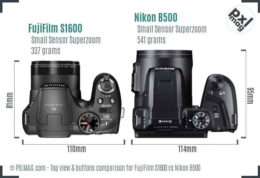 FujiFilm S1600 vs Nikon B500 top view buttons comparison
