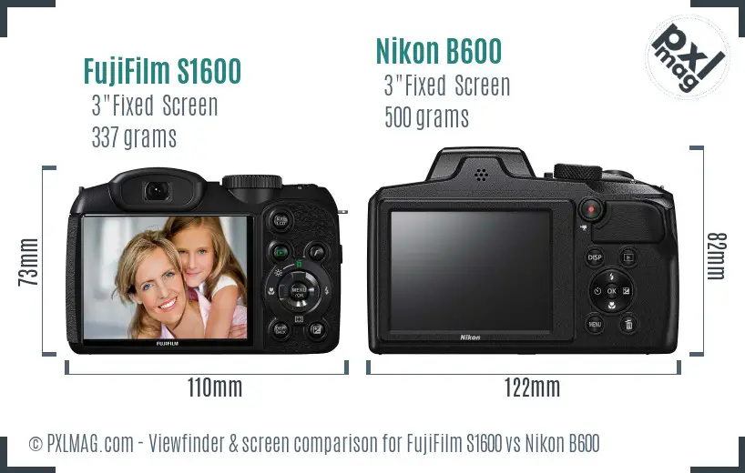 FujiFilm S1600 vs Nikon B600 Screen and Viewfinder comparison