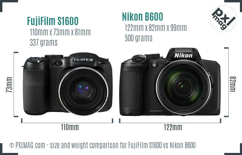 FujiFilm S1600 vs Nikon B600 size comparison