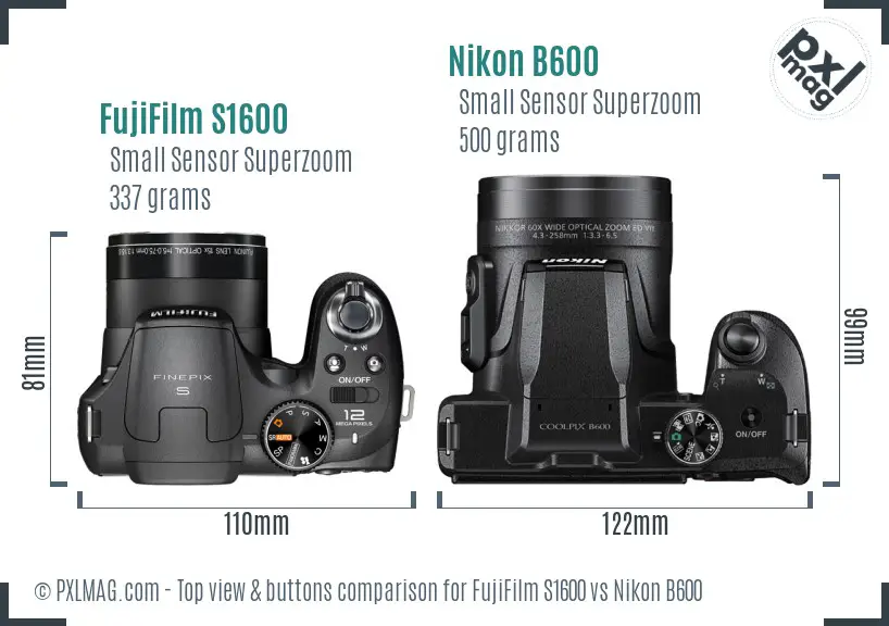 FujiFilm S1600 vs Nikon B600 top view buttons comparison