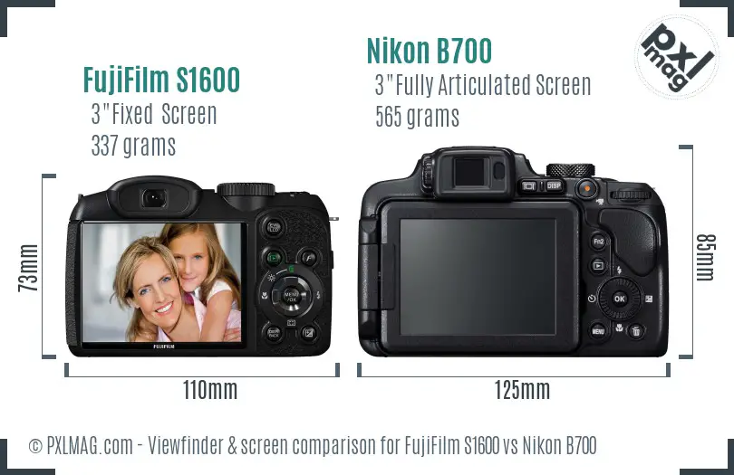 FujiFilm S1600 vs Nikon B700 Screen and Viewfinder comparison