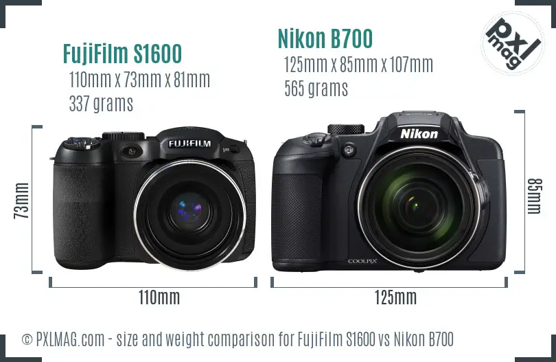 FujiFilm S1600 vs Nikon B700 size comparison