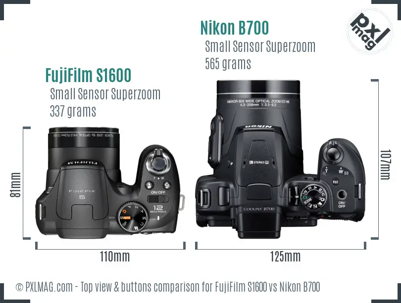 FujiFilm S1600 vs Nikon B700 top view buttons comparison