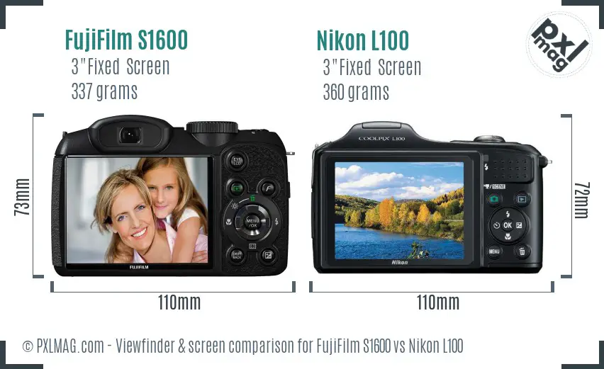 FujiFilm S1600 vs Nikon L100 Screen and Viewfinder comparison