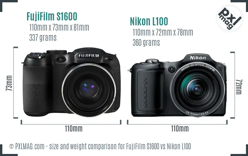FujiFilm S1600 vs Nikon L100 size comparison