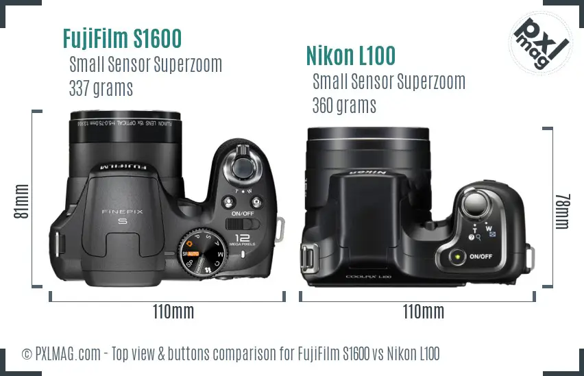 FujiFilm S1600 vs Nikon L100 top view buttons comparison