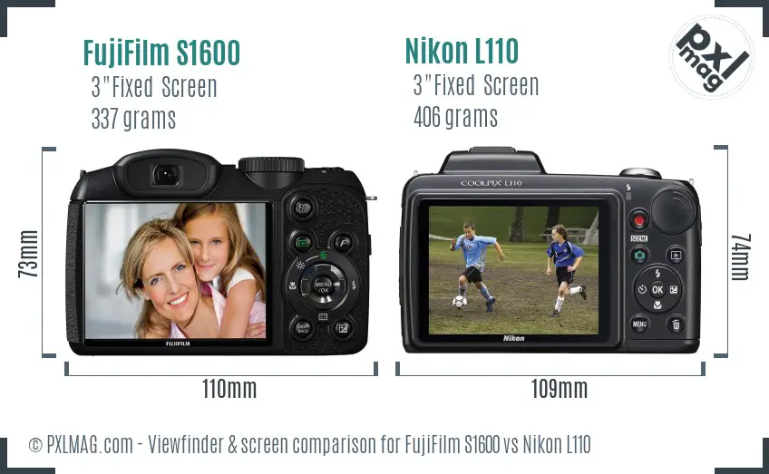 FujiFilm S1600 vs Nikon L110 Screen and Viewfinder comparison