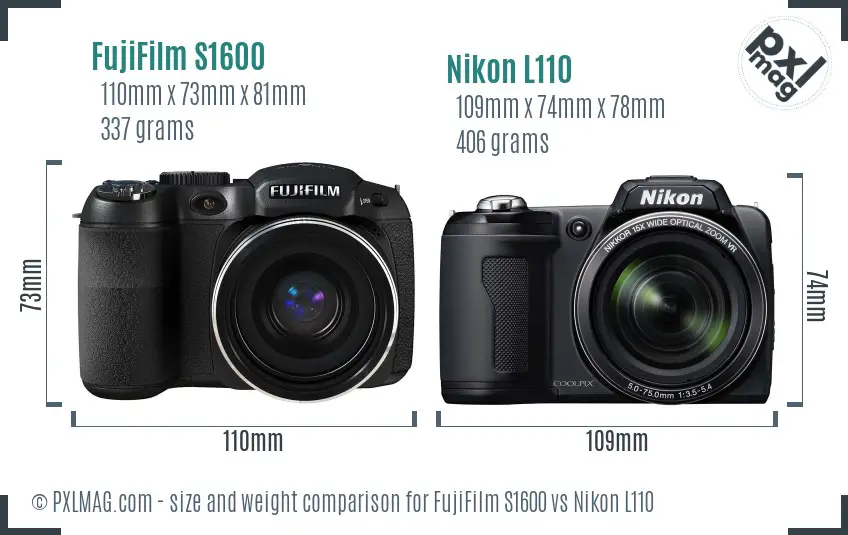 FujiFilm S1600 vs Nikon L110 size comparison