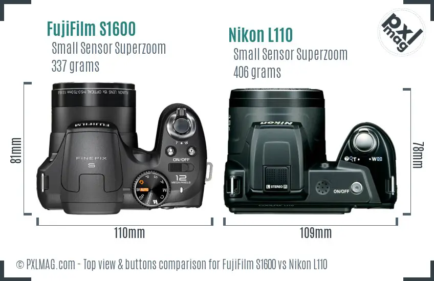 FujiFilm S1600 vs Nikon L110 top view buttons comparison