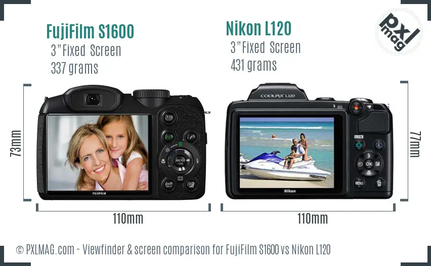 FujiFilm S1600 vs Nikon L120 Screen and Viewfinder comparison