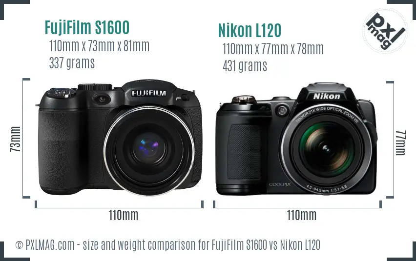 FujiFilm S1600 vs Nikon L120 size comparison