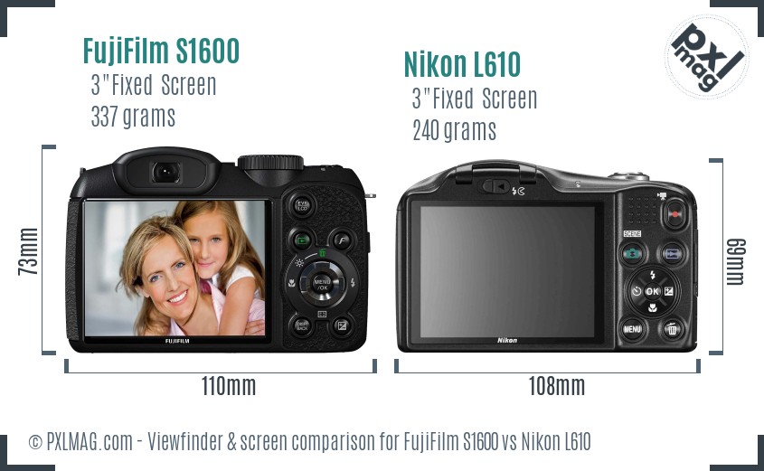 FujiFilm S1600 vs Nikon L610 Screen and Viewfinder comparison