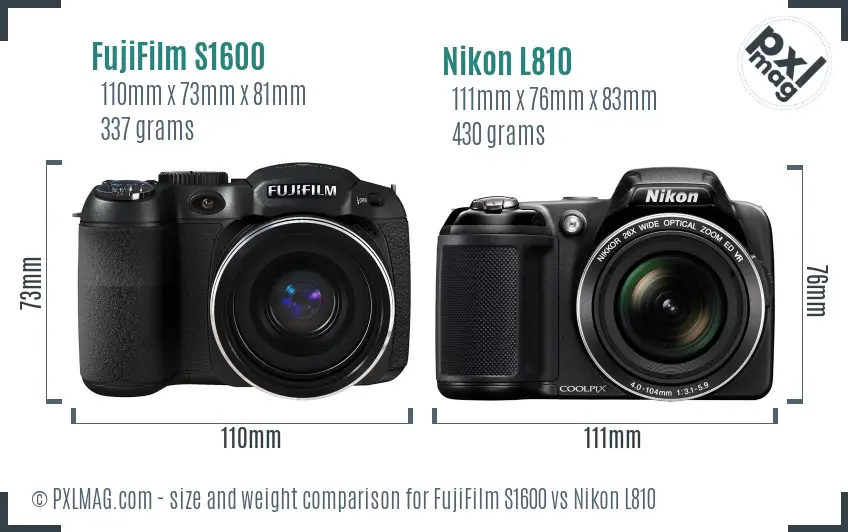 FujiFilm S1600 vs Nikon L810 size comparison