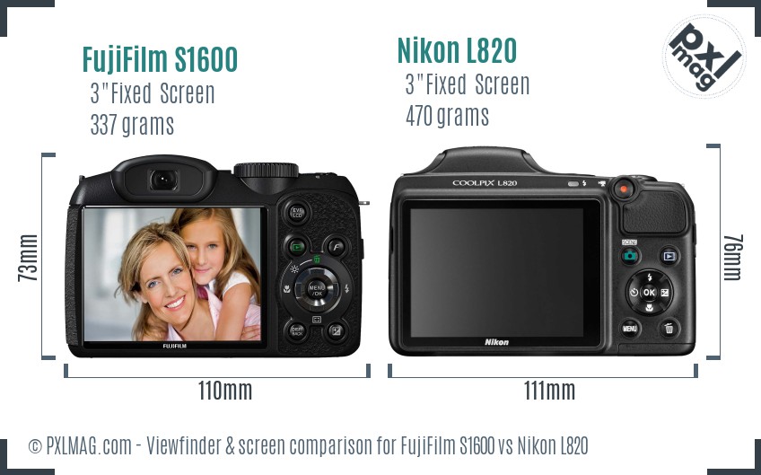 FujiFilm S1600 vs Nikon L820 Screen and Viewfinder comparison