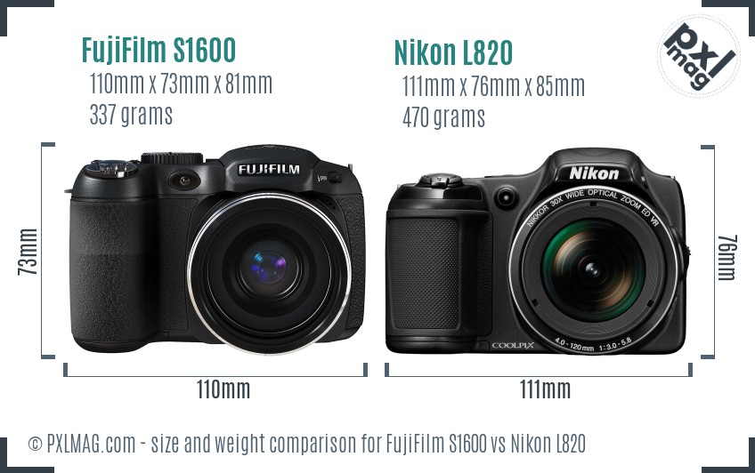 FujiFilm S1600 vs Nikon L820 size comparison