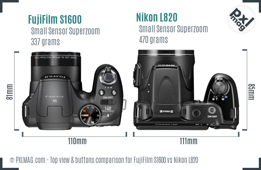 FujiFilm S1600 vs Nikon L820 top view buttons comparison