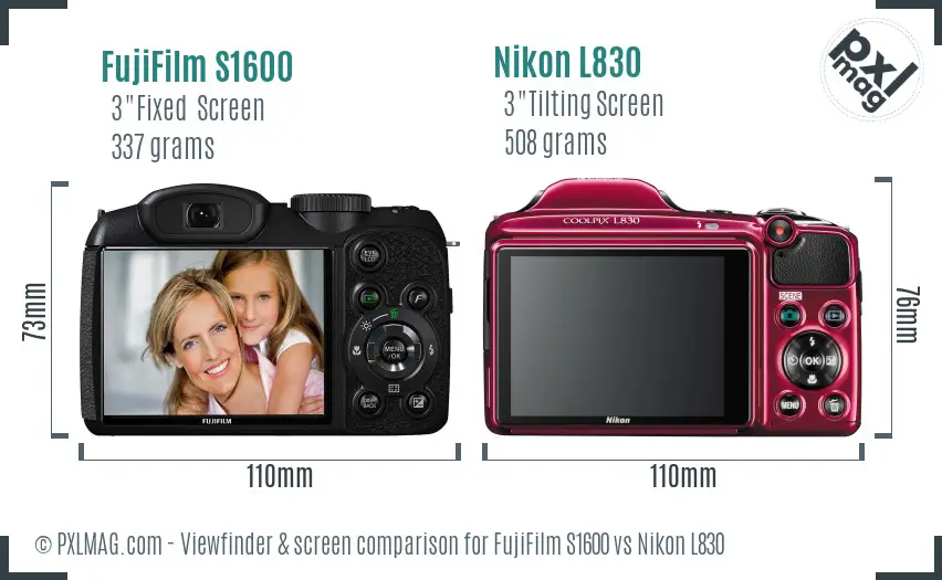 FujiFilm S1600 vs Nikon L830 Screen and Viewfinder comparison
