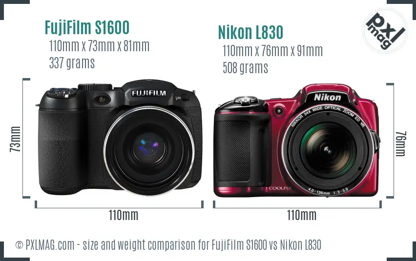 FujiFilm S1600 vs Nikon L830 size comparison