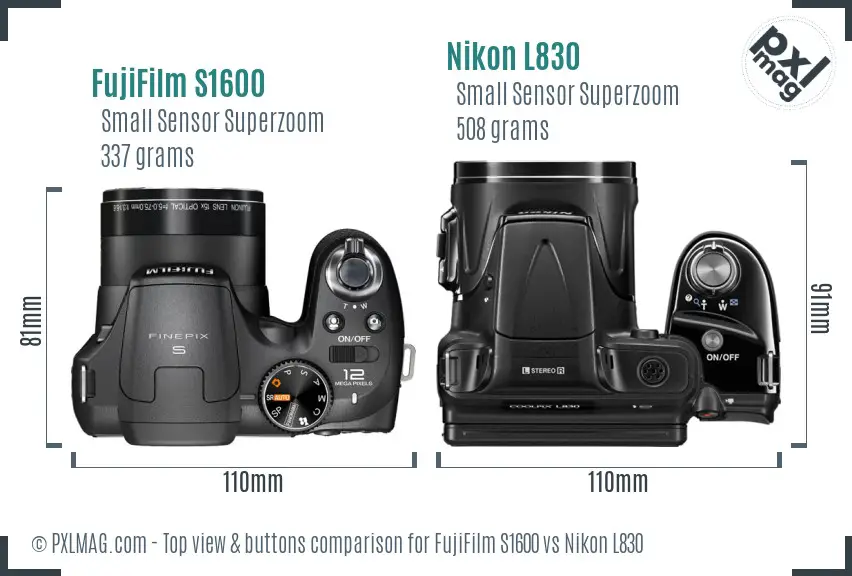 FujiFilm S1600 vs Nikon L830 top view buttons comparison