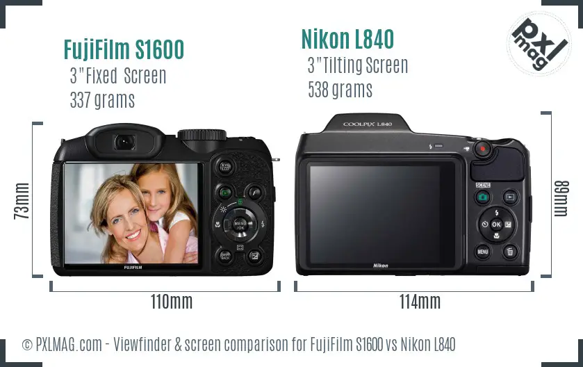 FujiFilm S1600 vs Nikon L840 Screen and Viewfinder comparison