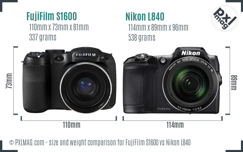 FujiFilm S1600 vs Nikon L840 size comparison