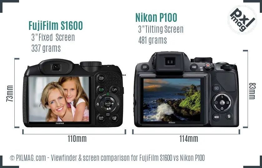 FujiFilm S1600 vs Nikon P100 Screen and Viewfinder comparison
