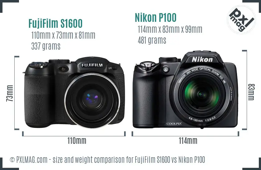FujiFilm S1600 vs Nikon P100 size comparison