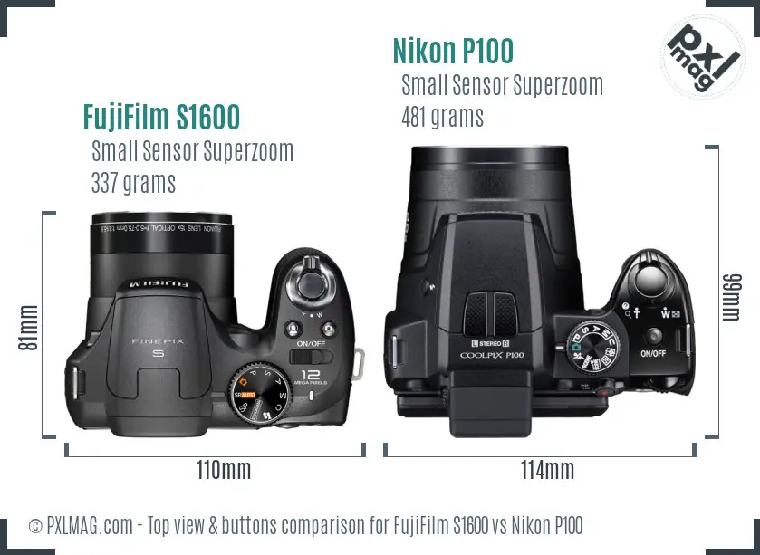 FujiFilm S1600 vs Nikon P100 top view buttons comparison
