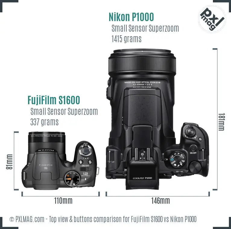 FujiFilm S1600 vs Nikon P1000 top view buttons comparison