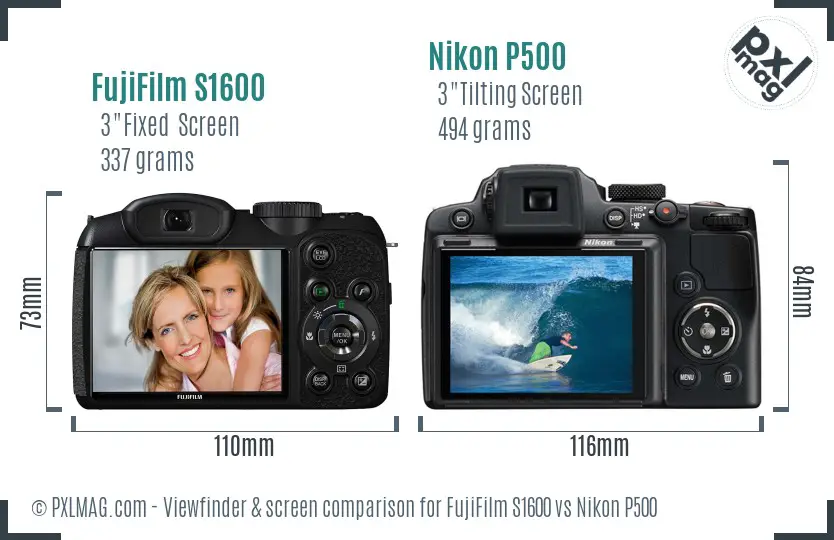 FujiFilm S1600 vs Nikon P500 Screen and Viewfinder comparison