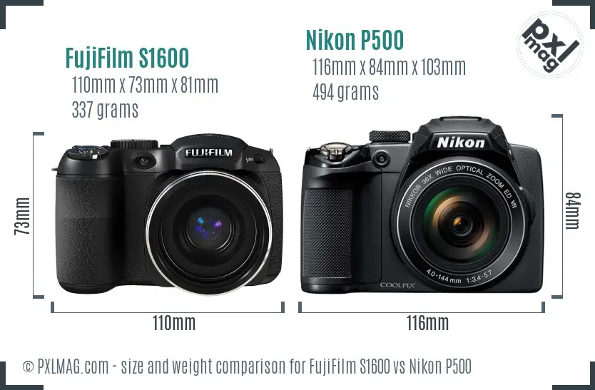 FujiFilm S1600 vs Nikon P500 size comparison