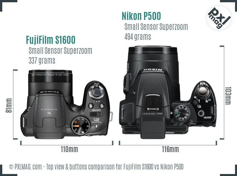 FujiFilm S1600 vs Nikon P500 top view buttons comparison