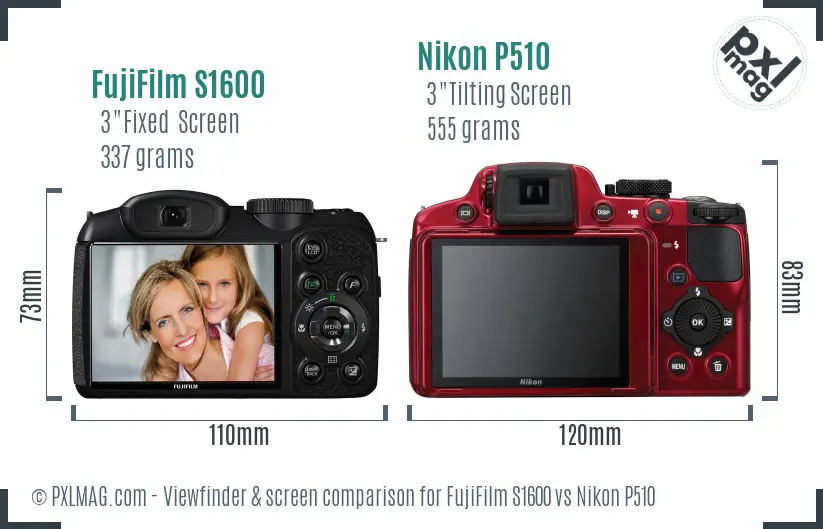 FujiFilm S1600 vs Nikon P510 Screen and Viewfinder comparison