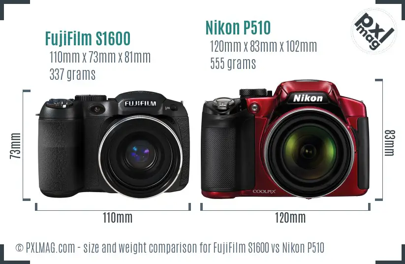 FujiFilm S1600 vs Nikon P510 size comparison