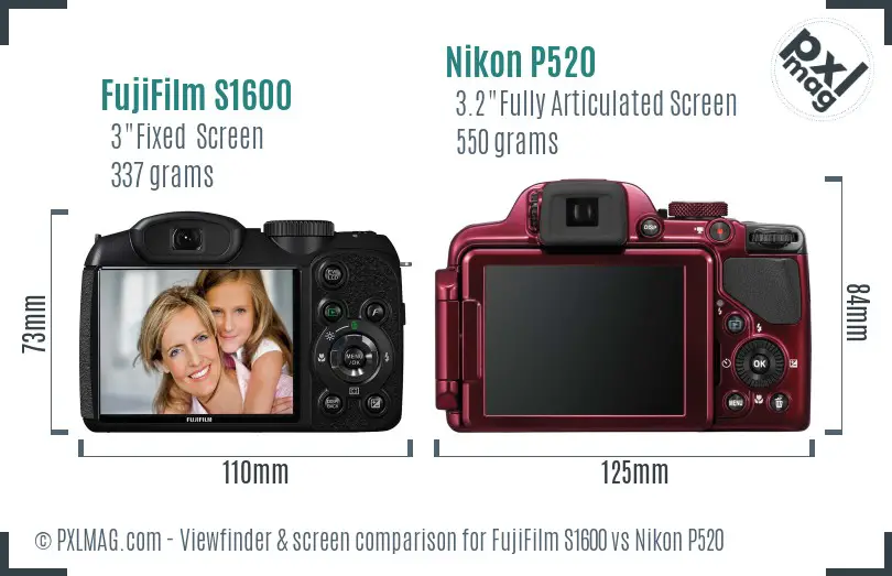 FujiFilm S1600 vs Nikon P520 Screen and Viewfinder comparison