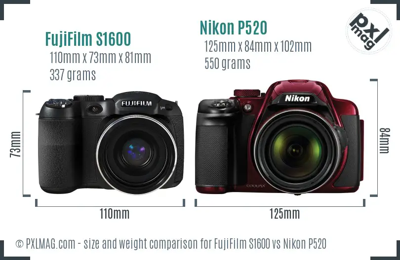 FujiFilm S1600 vs Nikon P520 size comparison